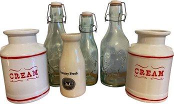 Vintage Glass/Stoneware Milk Bottles With Ceramic Cream Jars From The House Of Webster (11in Tall)