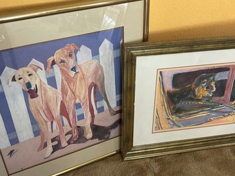 Two Framed Artwork. Colorful Dog  24x30, 2 Dogs 31x31 Signed