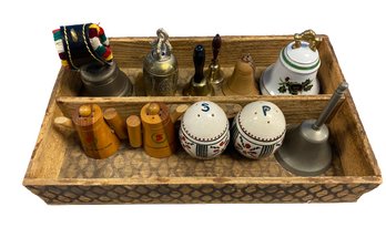 Various Bells, Salt And Pepper Shakers In Antique Wood Tray (4.25 Inches Tallest Bell)