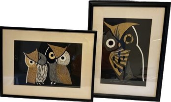2 Framed Original Owl Artwork Pieces, Stamped & Signed. Appear To Be Market & Paint On Paper. Framed 21x16