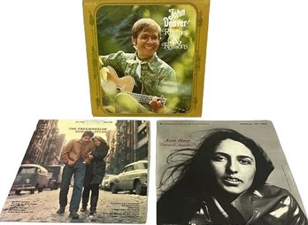Three Vinyl Records By John Denver, Joan Baez And Bob Dylan.