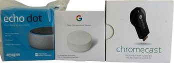 Amazon Echo Dot, Google Nest Temperature Sensor, & Chromecast Device In Boxes