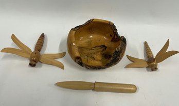 Handcrafted Wood Bowl & Wood Dragonflies/Butterknife, Bowl Is 6' W