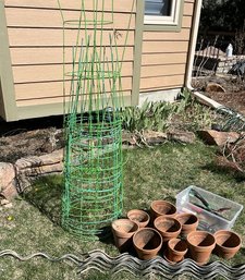 8 Tomato Cages, 10 Terra Cotta Pots, 12 Spiral Metal Vine Stakes