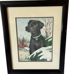 Framed Original Color Pencil Drawing Of A Black Lab, Incredible Detail! Signed By Artist. 18x23
