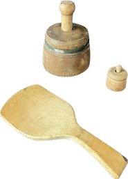 Two Antique Wooden Butter Mold Stamps & Wooden Spoon.