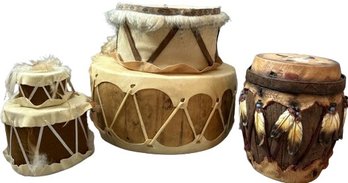 Set Of American Indian Drum Replicas With Drum Like Jar-Largest Drum Is 11Lx9Wx5.5H