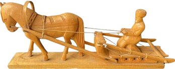 Hand Carved Wooden Horse And Sleigh - 13' Length