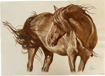 Original Horse Watercolor Signed By Artist M Palega (22.5x17)