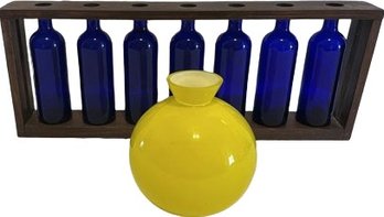 Canary Yellow Glass Vase (6.6) & Cobalt Blue Bud Vases With Wood Rack (7.5x19)