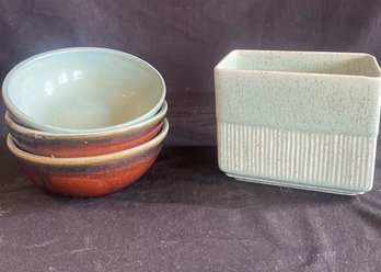 3 Pottery Brown And Turquoise Cereal Bowls, Turquoise Ceramic Planter.