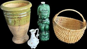 Basket, Glass Liquor Bottle, Potted Vase And Creamer