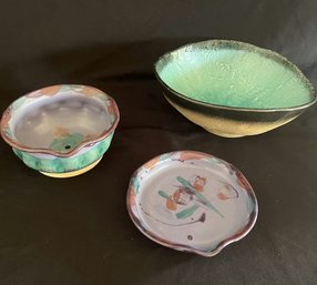 Two Pottery Bowls & Small Plate.