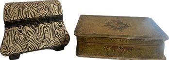 2 Decorative Boxes.  Florentia Hand Made In Italy Gold Jewelry Box, 16x11.  Zebra Storage Box 12x9.