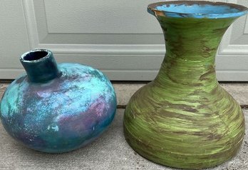 Outdoor Flower Vases/Pots - Blue Is Ceramic 11Wx10H, Green Is Wood 11Wx12H