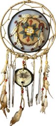 Dream Catcher Chimes With American Indian Themed Ceramic Center Plate, Twine Tails, And Wolf Ceramic Plate