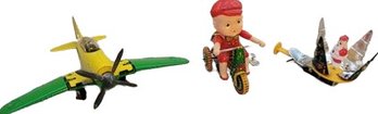 Vintage Toys- Hueley Kiddie Toy Folding Airplane, Wind Up Ringing Tricycle, Tin Litho Spinning Christmas Tree