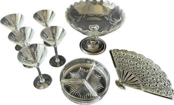 Glass Serving Bowl & Plates & 5 Small Cocktail Glasses.