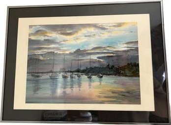 Sailboats In Bay Themed Limited Watercolor Print Signed By Artist Keith Andry (19.5x14.5)