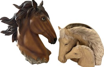 Porcelain Horse Planter & Plastic Horse Head Bust- 11.5Hx 12H