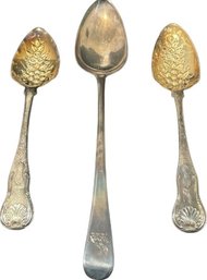 Spoon Set - 2 With Floral Designs, 1 With Bird Stamp On Stem