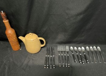 Wooden Pepper/Salt Grinder, Silverware Collection, And Ceramic Tea Pot