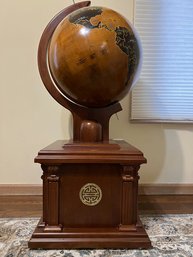 Solid Wood Globe With Intricate Wooden Base Featuring A Chinese Emblem  - Stands 48' Tall