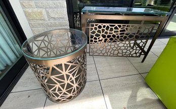 2 Glass & Metal Patio Tables: Rectangular: 40x15x32. Round: 20x20x24.