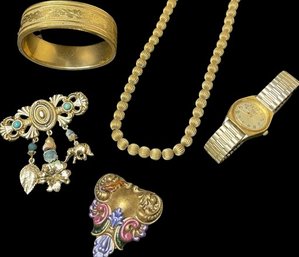 Gold Tone, Beaded Necklace Brooches, Cuff Bracelet, And Pulsar Watch