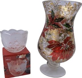 Painted Pointsettia Hurricane Candle Holder (10.5 H) & Frosted Glass Votive Holder