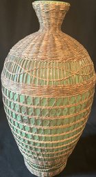 Large Green Ceramic Wicker Wrapped Vase.