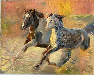 Colorful Original Acrylic Painting Of Horses On Canvas Board Signed By Artist (19.5x16)