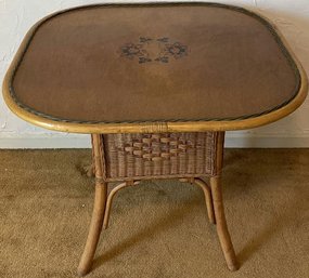 Vintage Wooden Table With Woven Wicker Accents (34x28x34)