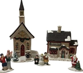 Christmas Valley Collectible Chapel (9.5), Little Store (6) & Figurines. Need Replacement Cords And Bulbs.