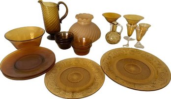 Amber Colored Glass, Vase, Lamp Shade, Pitcher, Plates, Stemware, Bowls
