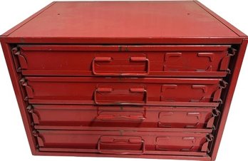 Red Metal Storage Container W/ 4 Identical Sliding Drawers With Compartments.