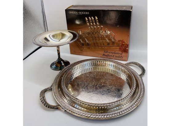 ROGERS Silver-plate Bundle. Pie Pan, Serving Tray, Dish With Stem, And Buffet Caddy In Original Box
