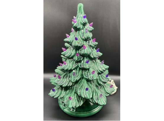 Vintage Light Up Ceramic Christmas Tree With Purple Lights In WORKING CONDITION!