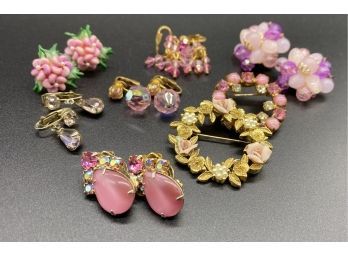 Pink Jewelry Collection: 6 Pairs Of Antique Earrings And 2 Stunning Floral Pins