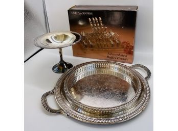 ROGERS Silver-plate Bundle. Pie Pan, Serving Tray, Dish With Stem, And Buffet Caddy In Original Box