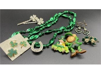 Irish Collection! Collection Of Green Jewelry, Including Pins, Earrings, And Necklace