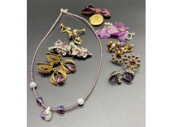 Purple Jewelry Collection, Including 7 Pairs Of Antique Earrings, 1 Necklace, 1 Locket Pin