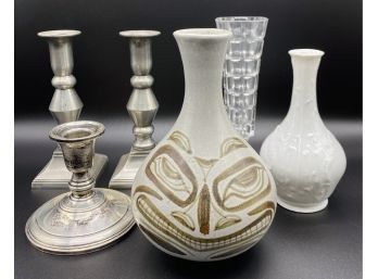 Collection Of 3 Candle Holders And 3 Unique Vases