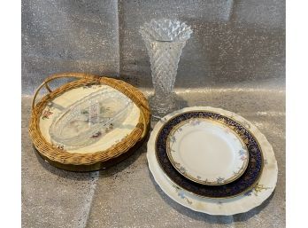 Lovely Collection Of Miscellaneous China Plates, Plus Beveled Glass Vase And Butter Dish