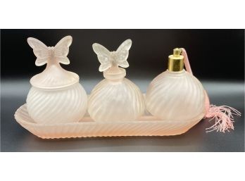 Lovely Pink Frosted Glass Vanity Set Including Perfume Bottle