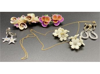 Lovely Collection Of Antique Jewelry, Including Necklace Chain And Flower Earrings