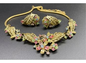 Stunning Antique Necklace With Matching Earrings! Beautiful Leaf And Multi Color Design
