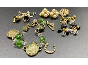 Green Charm Bracelet Victorian Trading Co. Plus 3 Earrings And 1 Pin