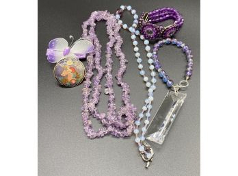 Purple Jewelry Collection, Including 2 Necklaces, 2 Bracelets, And 2 Hair Accessories