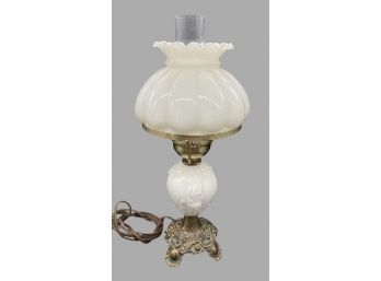 Antique Milk Glass Electric Table Lamp With Lovely Floral Detail, Untested